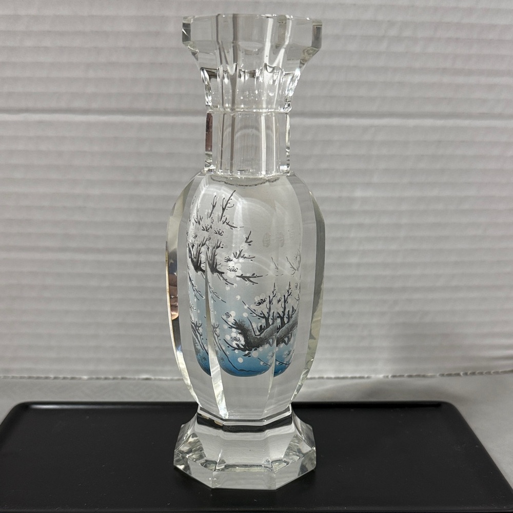 Vintage Collectible Reverse Painted Crystal Japanese Apple Blossom Gift Bud Vase